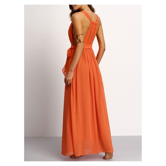 Orange Plunge V Neck Tie Waist Maxi Dress - Picture 3 of 5